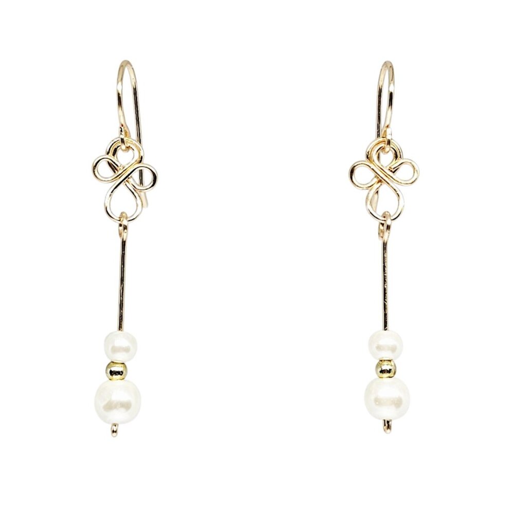 Handmade White Pearl Beaded Gold Tone Stick Dangle Boho Minimalist Earrings